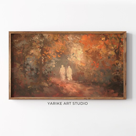 Two Glowing Ghosts in Autumn Forest Path Spooky Cute Art Poster