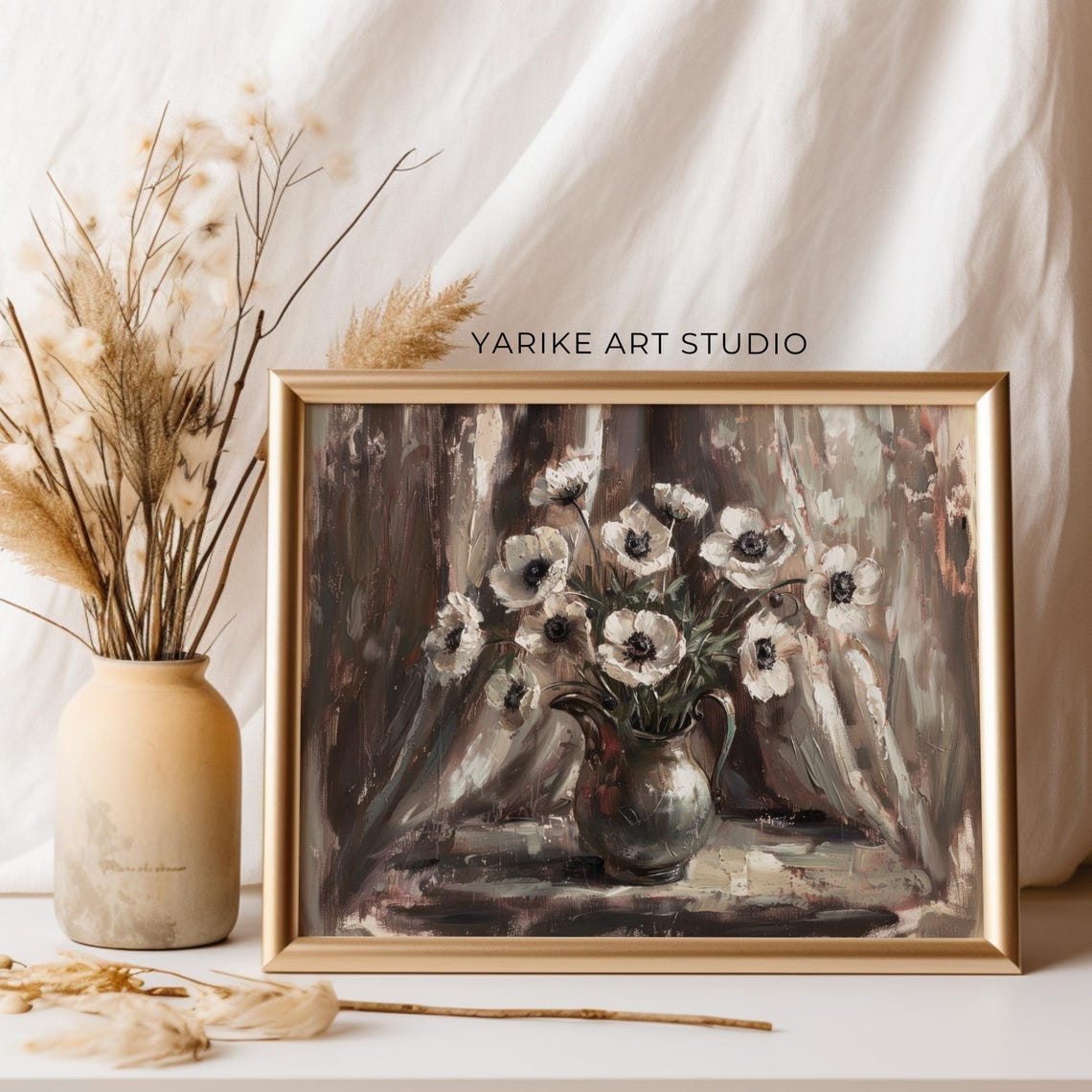 White Anemones In Silver Pitcher Moody Vintage Still Life Poster - Image 5