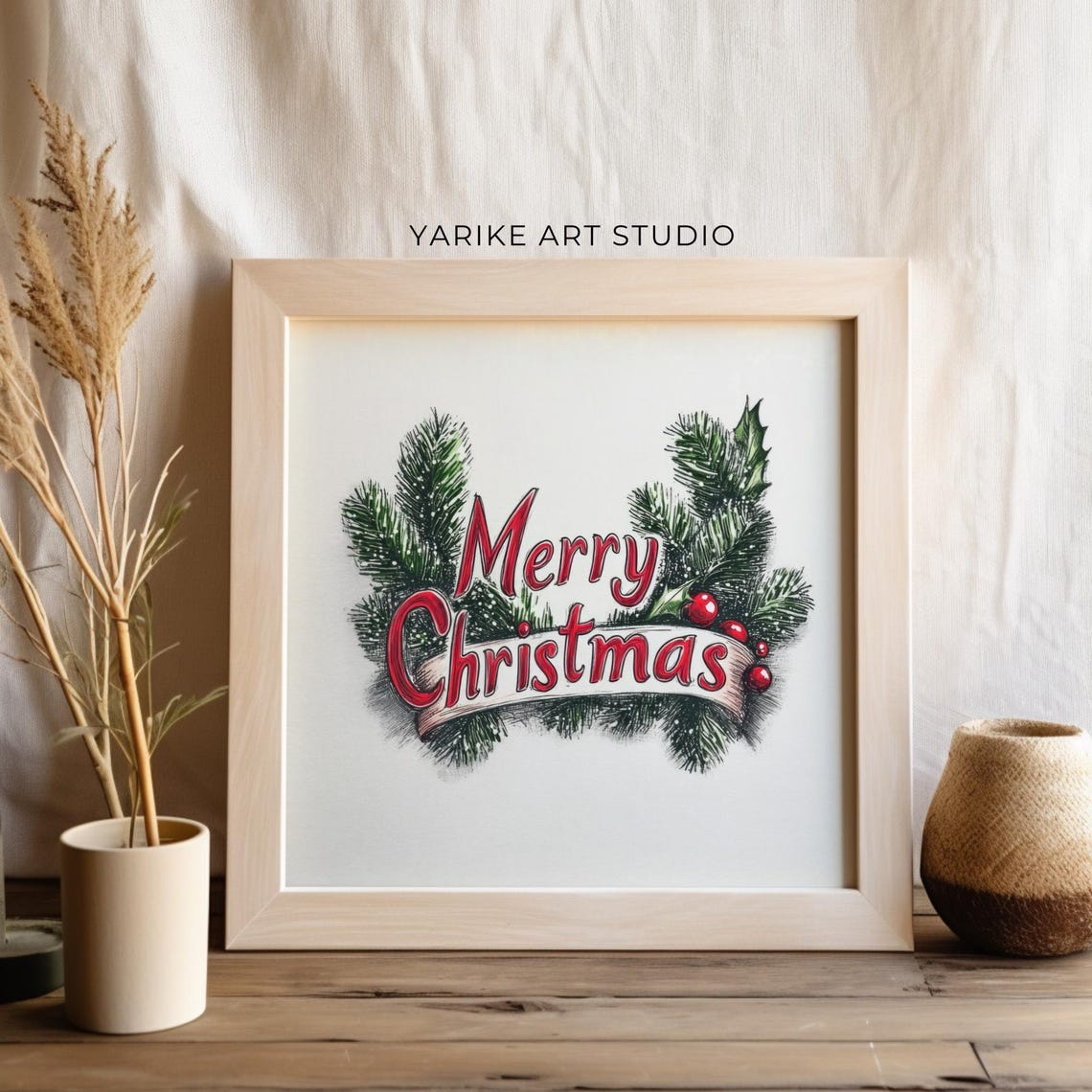 Merry Christmas Red Script Lettering with Pine Branches Holiday Poster - Image 2