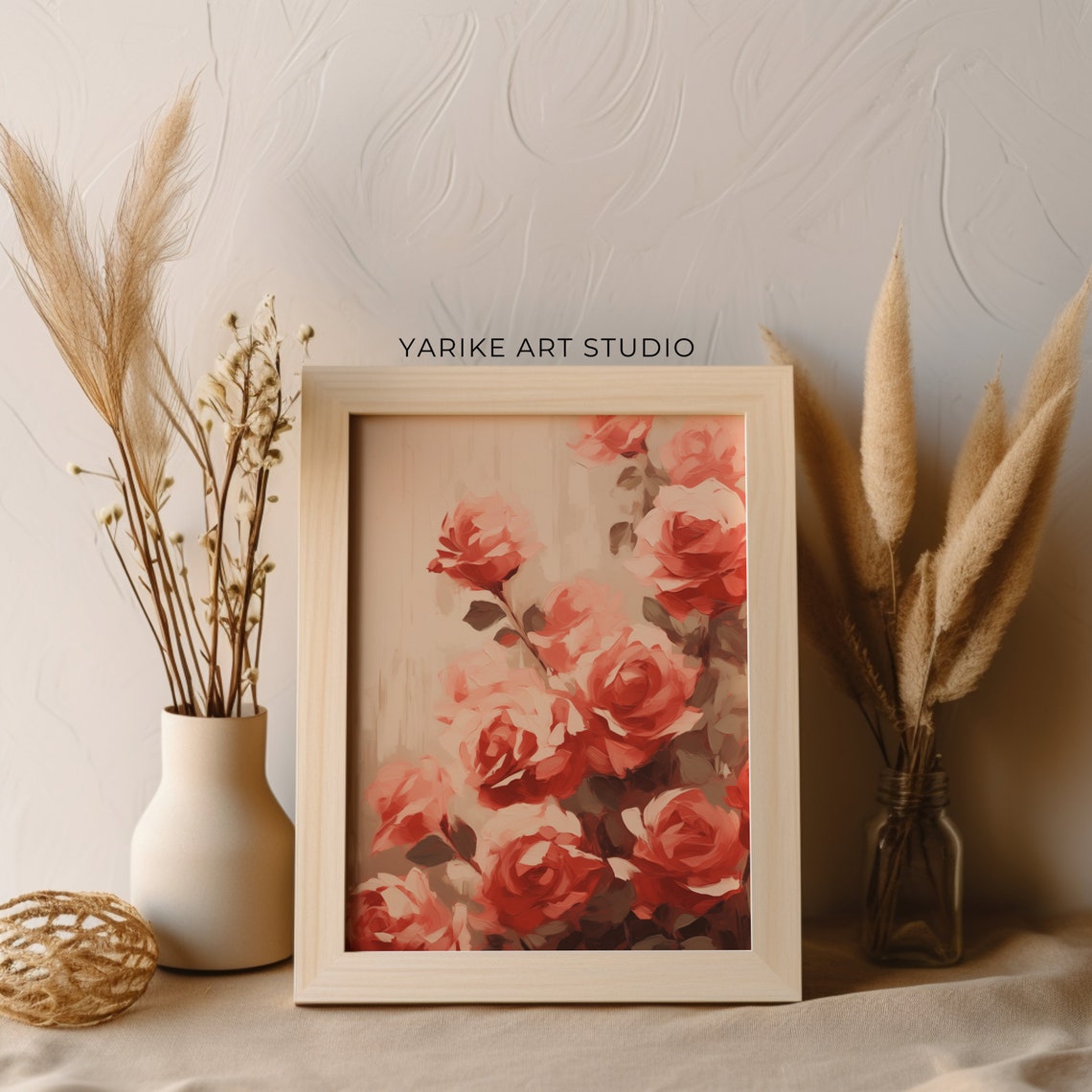 Lush Red and Pink Roses Bouquet Oil Painting Romantic Floral Poster - Image 2