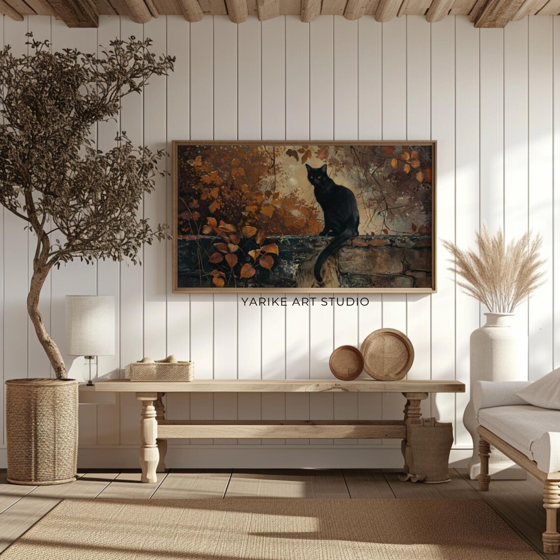 Black Cat on Stone Wall Autumn Foliage Moody Fall Painting Poster - Image 2