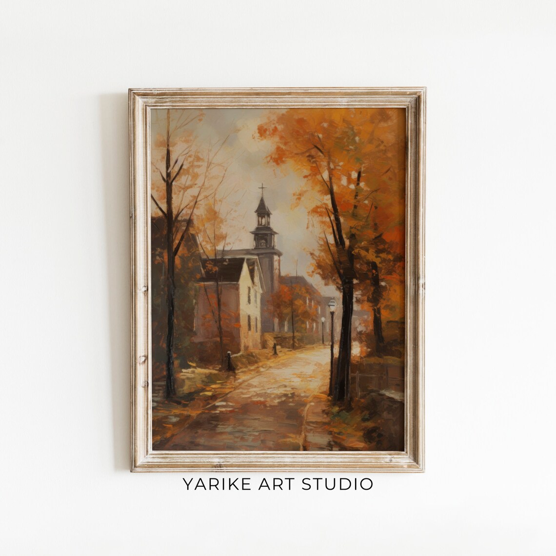 Vintage Autumn Town Street With Church Steeple Golden Trees Poster