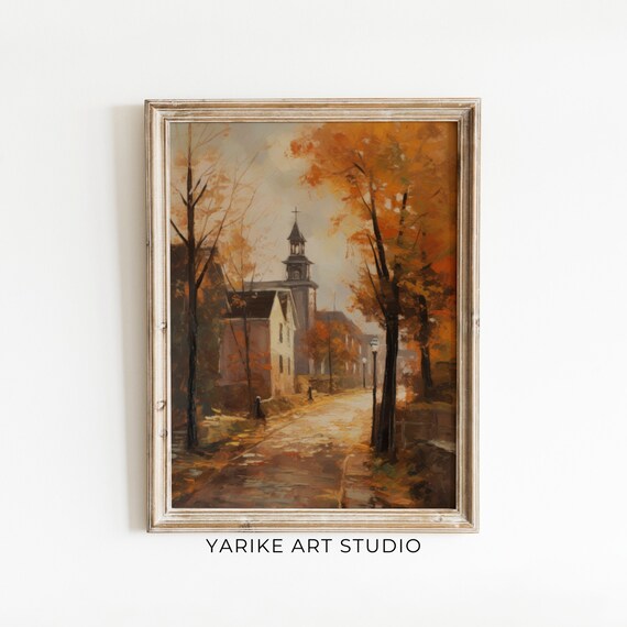 Vintage Fall Church Town City Art Landscape Painting Vintage Fall Wall Art Autumn Decor Rustic Fall Decor Autumn Decor Moody Wall Art 548