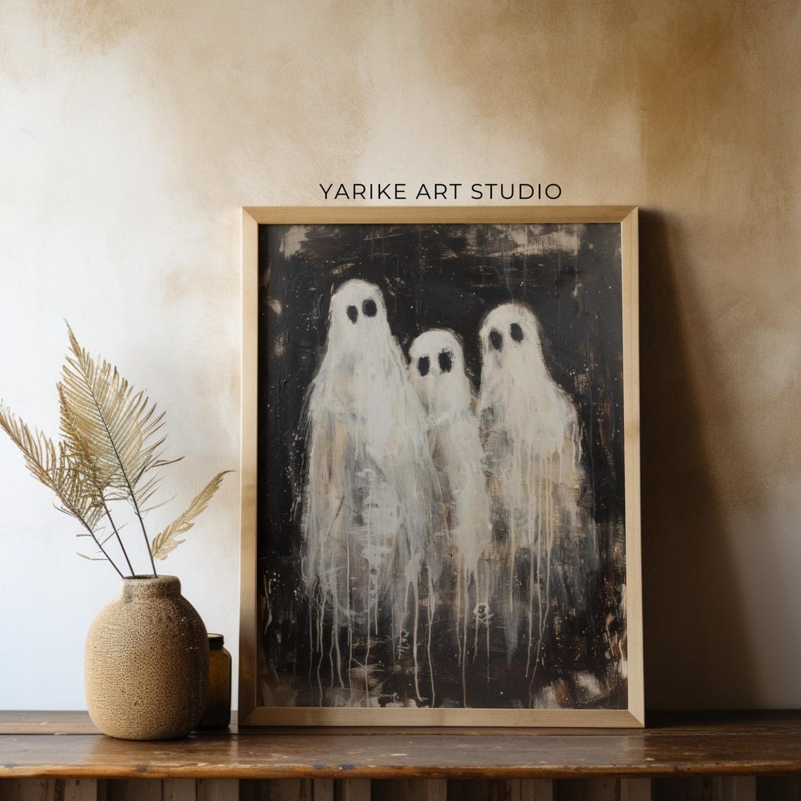 Three White Ghosts On Black Cute Vintage Spooky Halloween Poster - Image 2