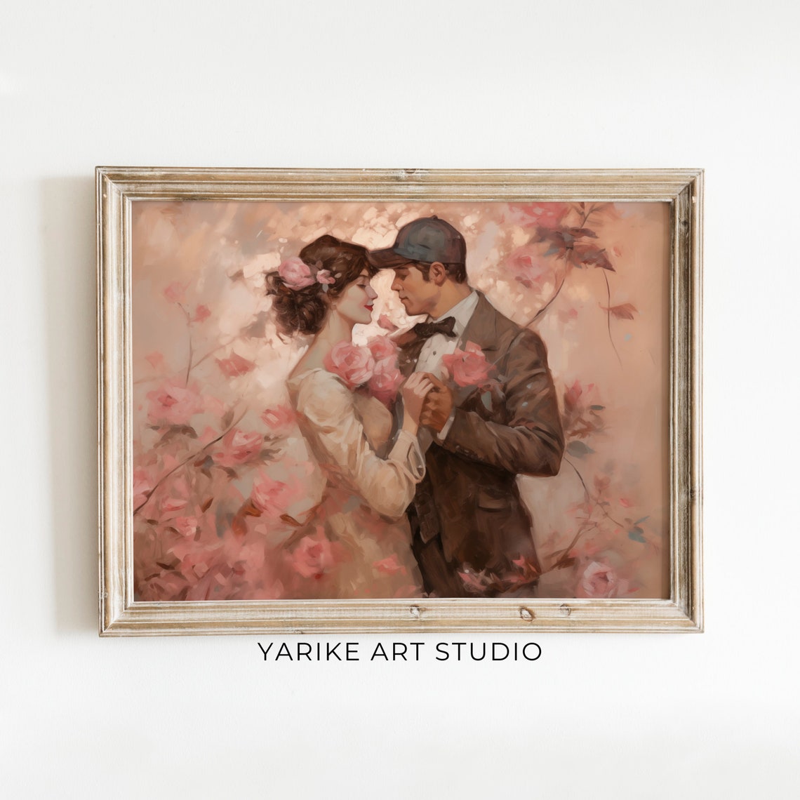 Lovers Embrace Among Pink Roses Vintage Romantic Painting Wall Print