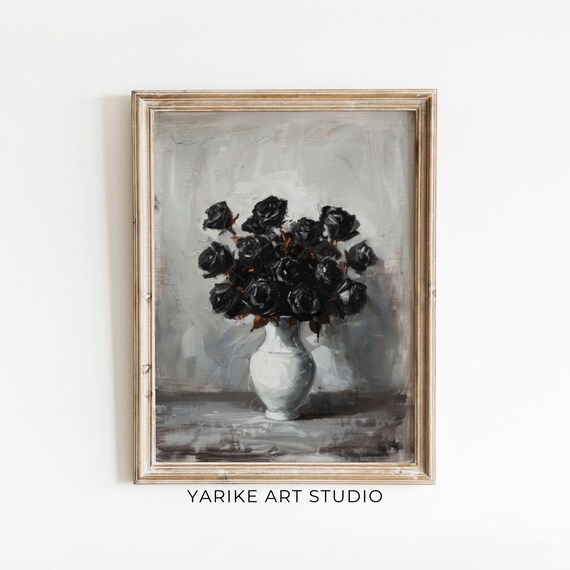 Black Roses White Vase Moody Floral Still Life Painting Poster