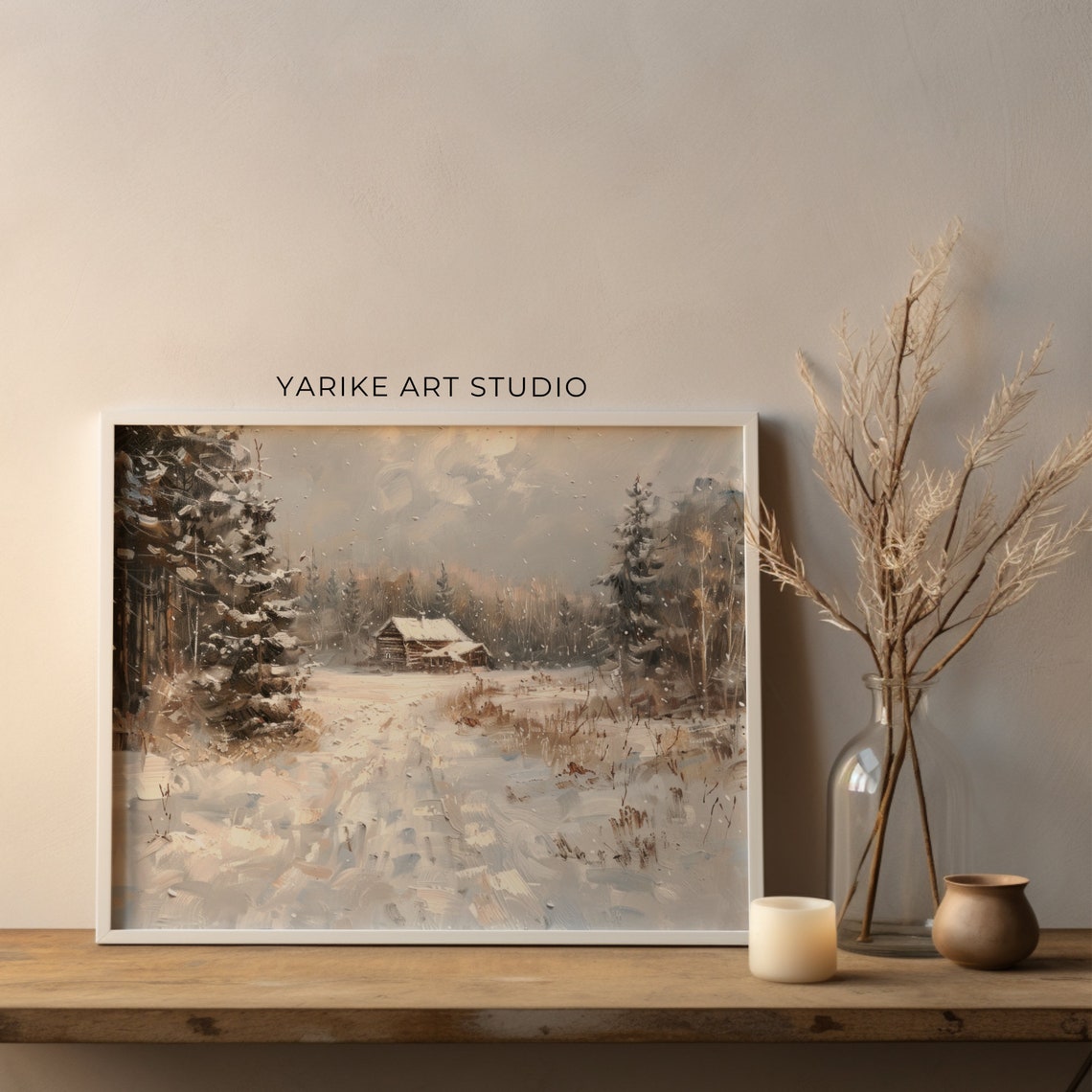 Snowy Winter Log Cabin Pine Forest Vintage Rustic Holiday Poster - Image 2