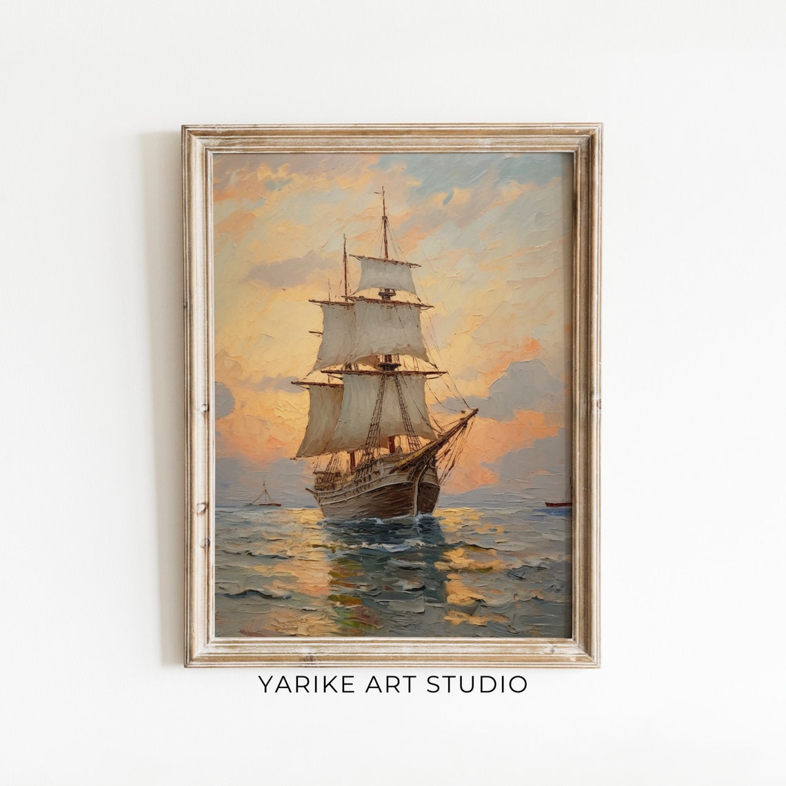 Tall Ship Full Sails Sunset Calm Sea Vintage Nautical Art Poster