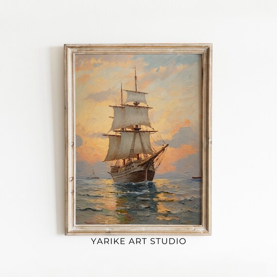 Muted Acrylic Sailboat Painting Moody Seascape Sailboat Print Vintage Nautical Print Boat Wall Art Decor Yarike 240 Ai