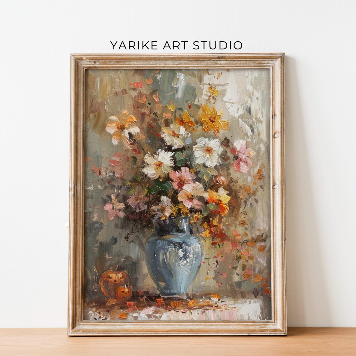 Vintage Autumn Still Life Bouquet In Blue Vase With Pumpkins Poster - Image 6
