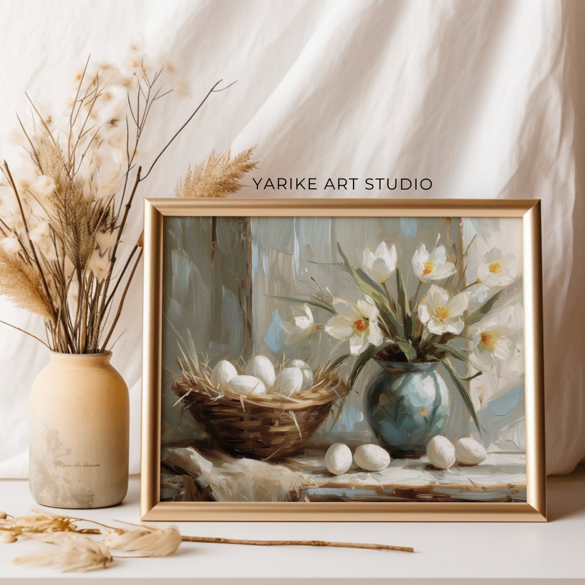 Daffodils and Easter Eggs Basket Spring Still Life Painting Poster - Image 3