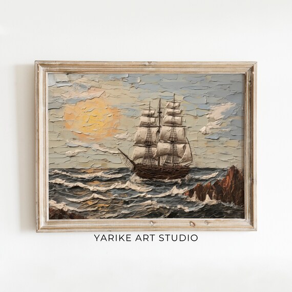 Tall Ship Rocky Coast Sunset Impasto Waves Vintage Sea Poster
