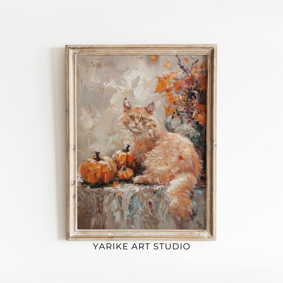 Moody Cat With Pumpkins Painting Vintage Autumn Warm Tones Print Fall Wall Art Cat Lover Gift Autumn Decor Art 797