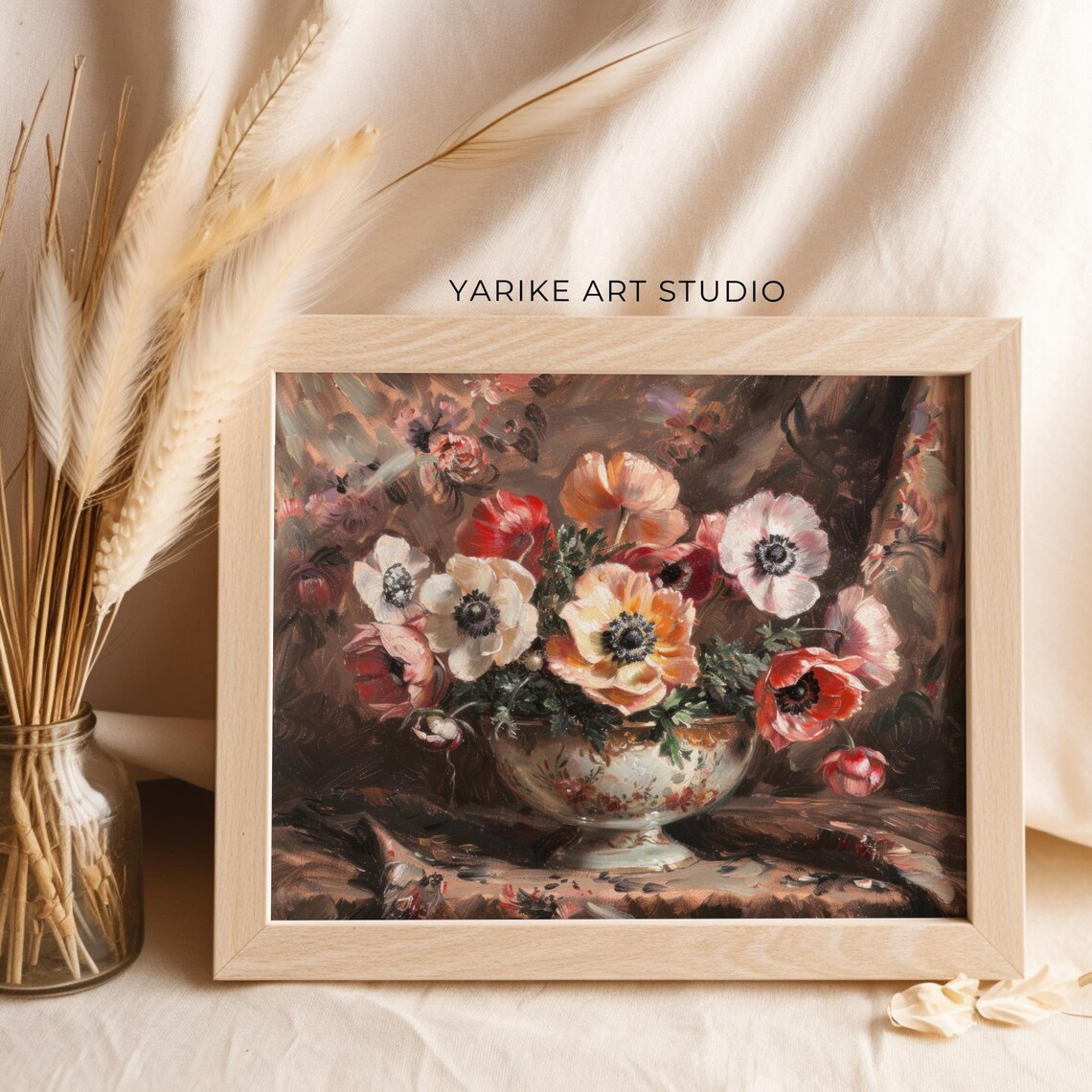 Vintage Anemone Bouquet Bowl Floral Still Life Oil Painting Poster - Image 6