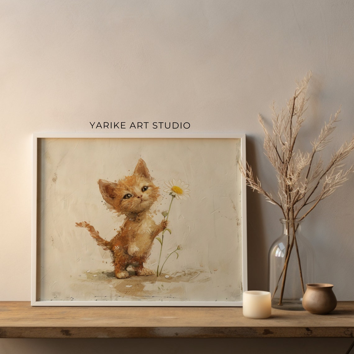 Cute Ginger Kitten Watercolor Daisy Flower Kitten Painting Poster - Image 4