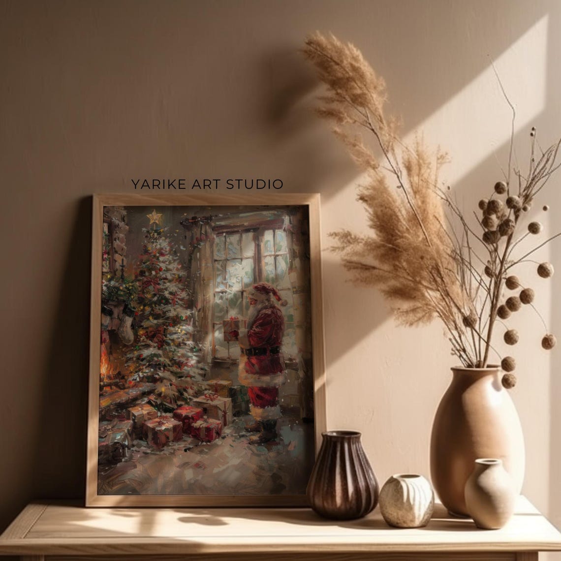Santa Placing Gifts Under Christmas Tree Cozy Holiday Poster - Image 2