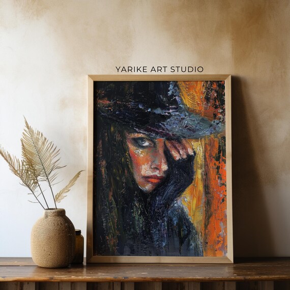 Moody Witch Portrait Painting Vintage Wizard Female Print Abstract Woman Wall Art Halloween Witch Decor Fall Art 786