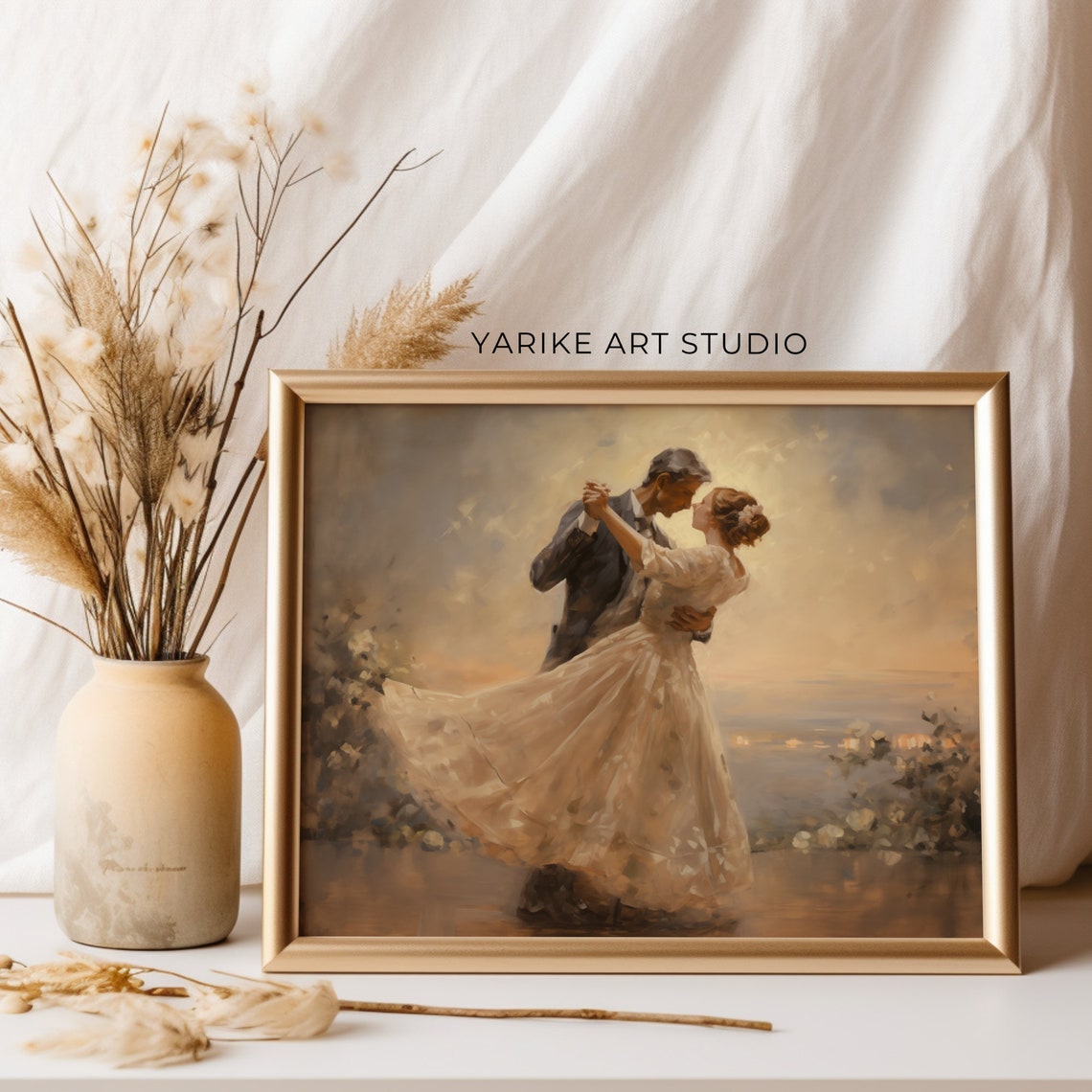 Romantic Couple Waltz Dancing at Sunset Vintage Painting Poster - Image 2