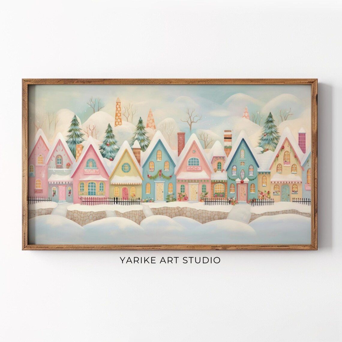 Pastel Christmas Village Cottages Snowy Street Folk Art Holiday Poster