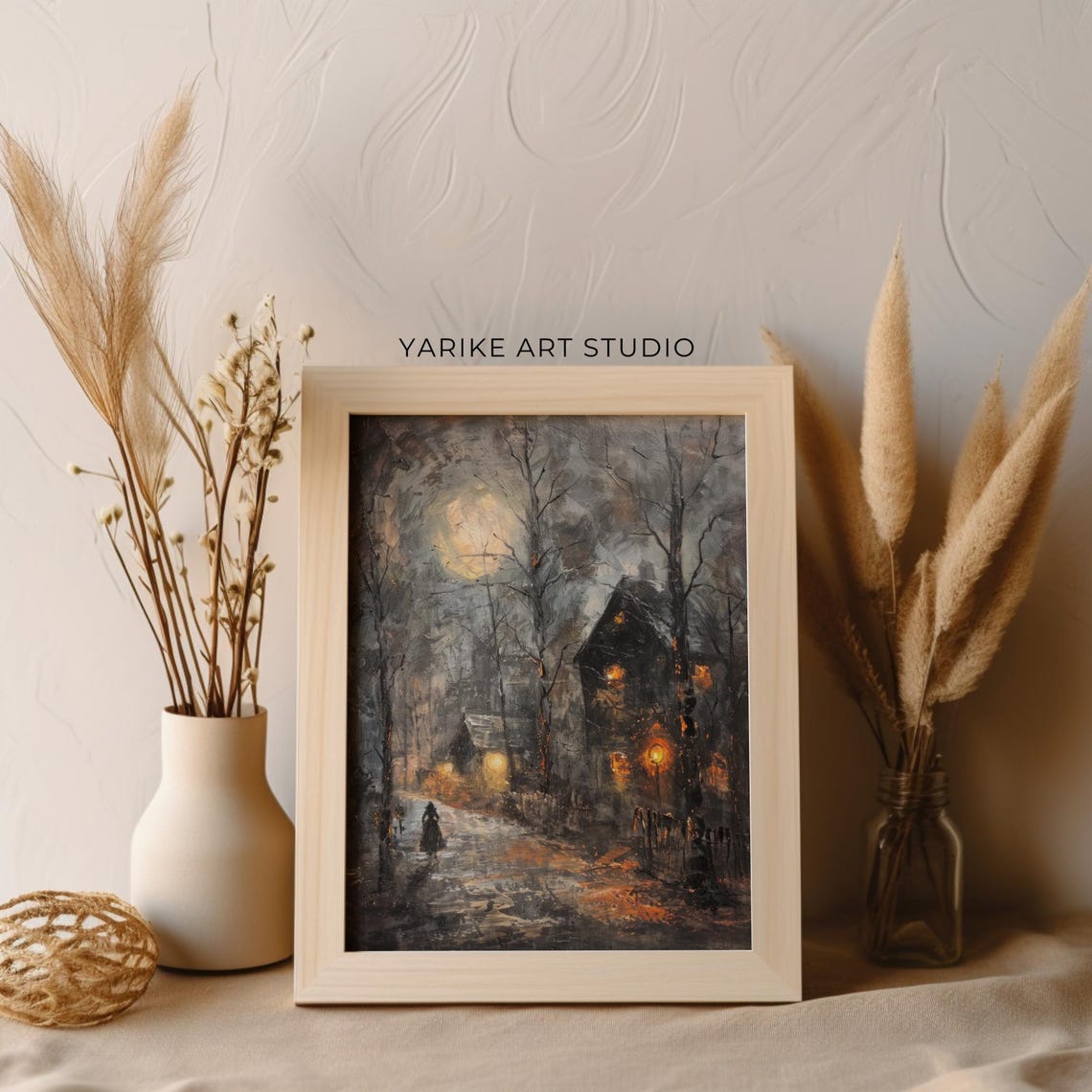 Haunted Moonlit Path to Old House Spooky Night Painting Poster - Image 4