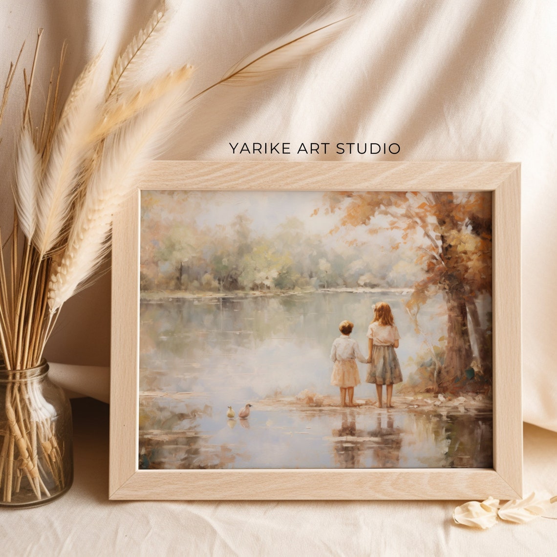 Two Children At Autumn Lakeside With Ducks Soft Nostalgic Poster - Image 6