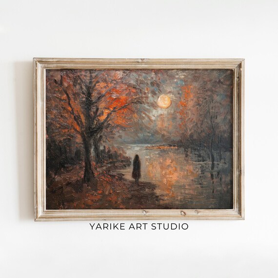 Moody Night Lake Moonlight Reflection Lone Figure Autumn Poster