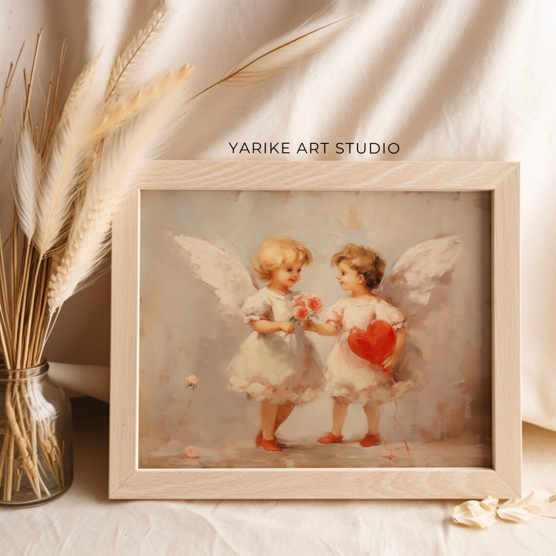 Two Vintage Cherub Angels with Heart and Roses Painting Poster - Image 4