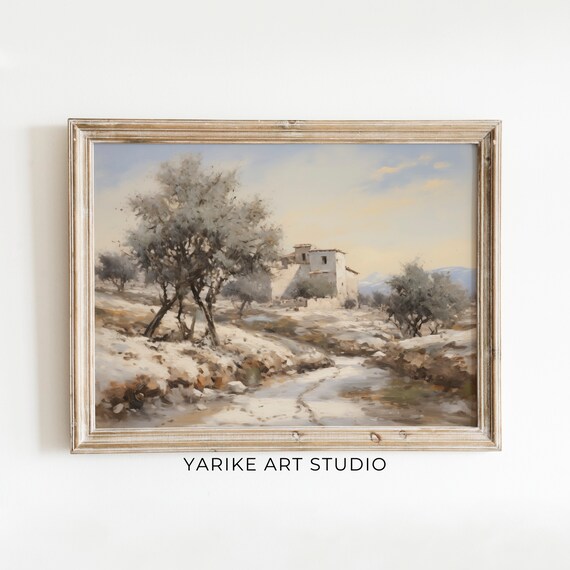 Mediterranean Villa Among Olive Trees Vintage Italian Oil Style Print