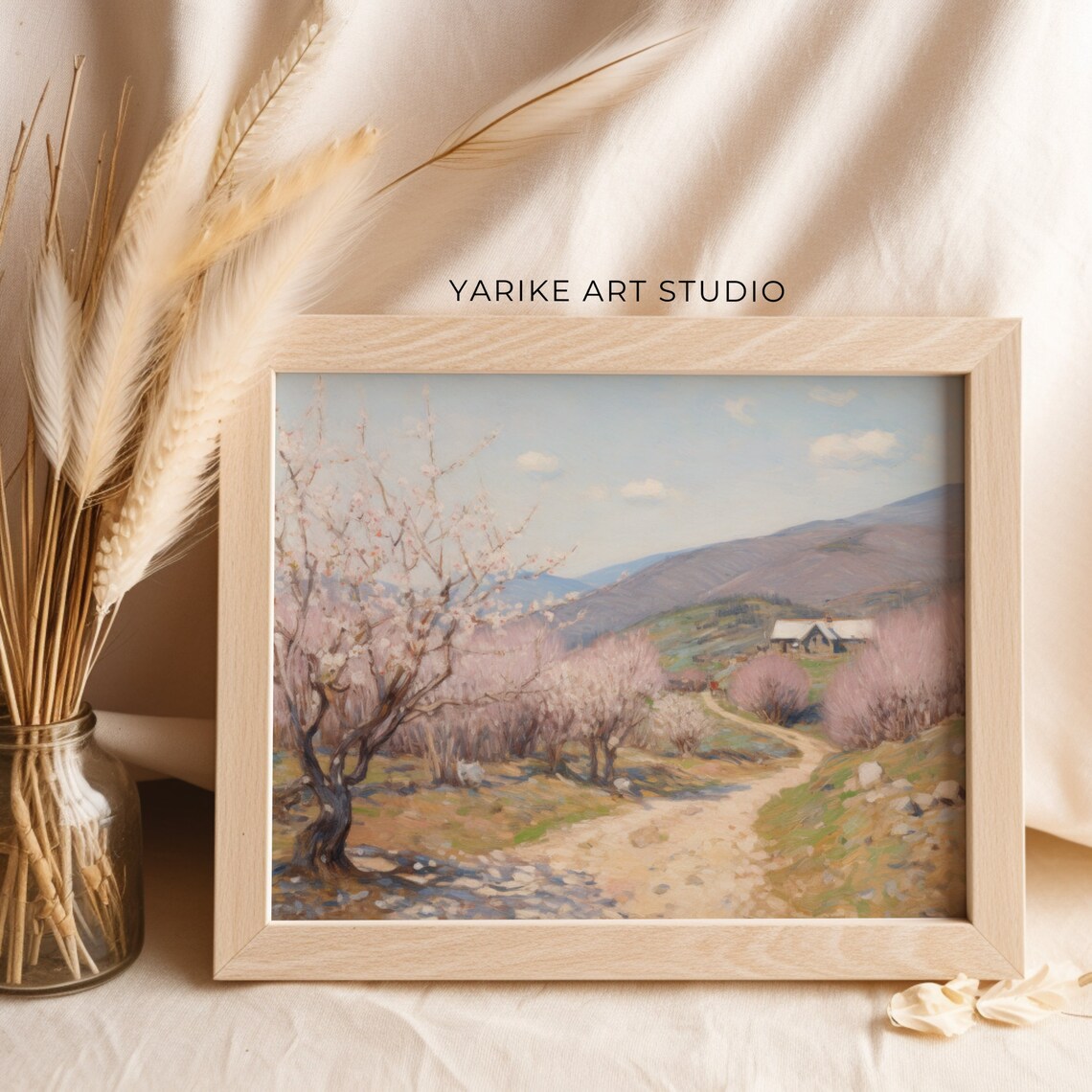 Country Path Through Blossoming Trees Leading to Farmhouse in Hills Poster - Image 2