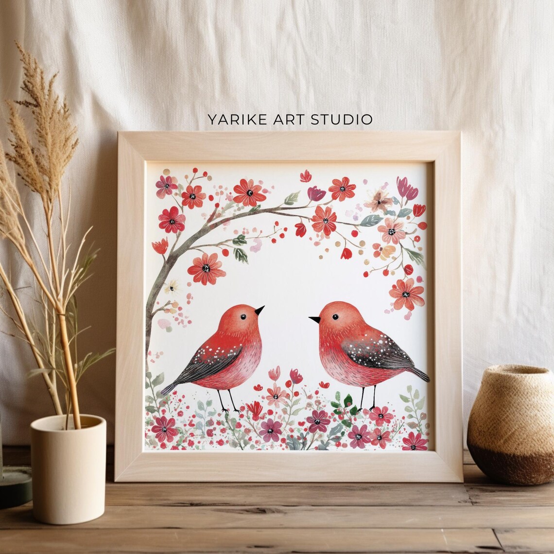 Pair of Red Songbirds Facing Each Other Among Pink Blossoms Art Print - Image 2