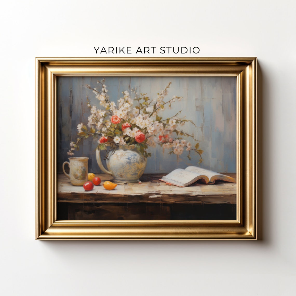 White Blossom and Rose Vase with Open Book Still Life Poster - Image 6