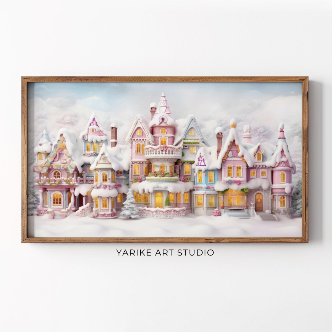 Pastel Pink Gingerbread Christmas Village Snowy Houses Poster