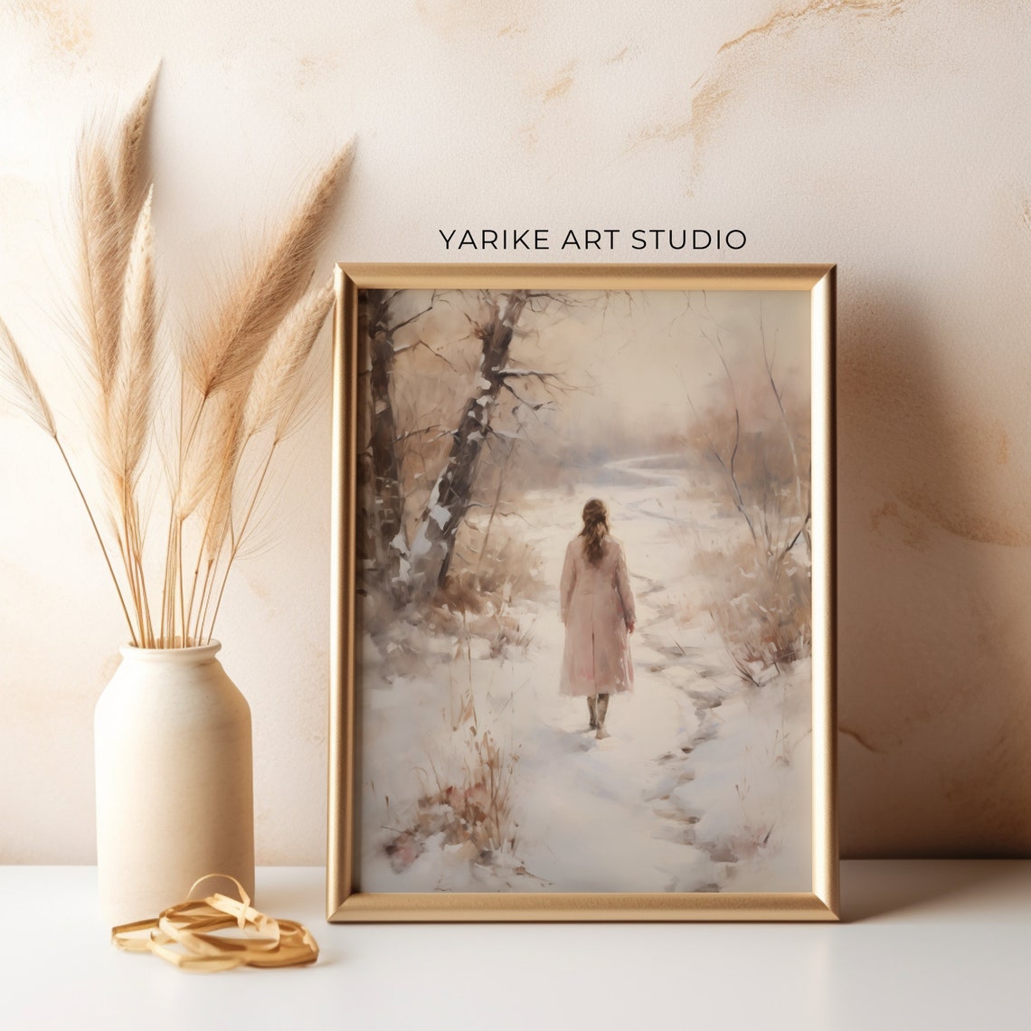 Woman Walking Snowy Winter Forest Path Soft Watercolor Poster - Image 2