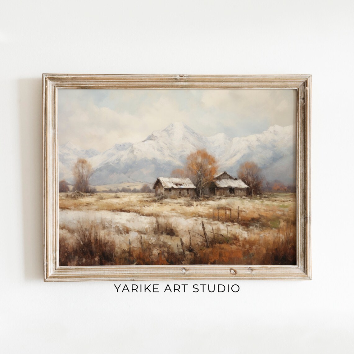 Vintage Winter Cabin Snowy Mountain Landscape Rustic Oil Painting Poster