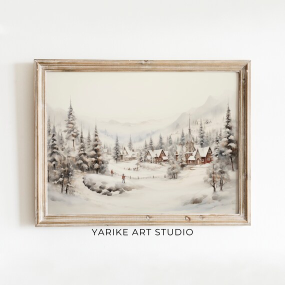 Snowy Mountain Village Church Winter Valley Landscape Painting Poster