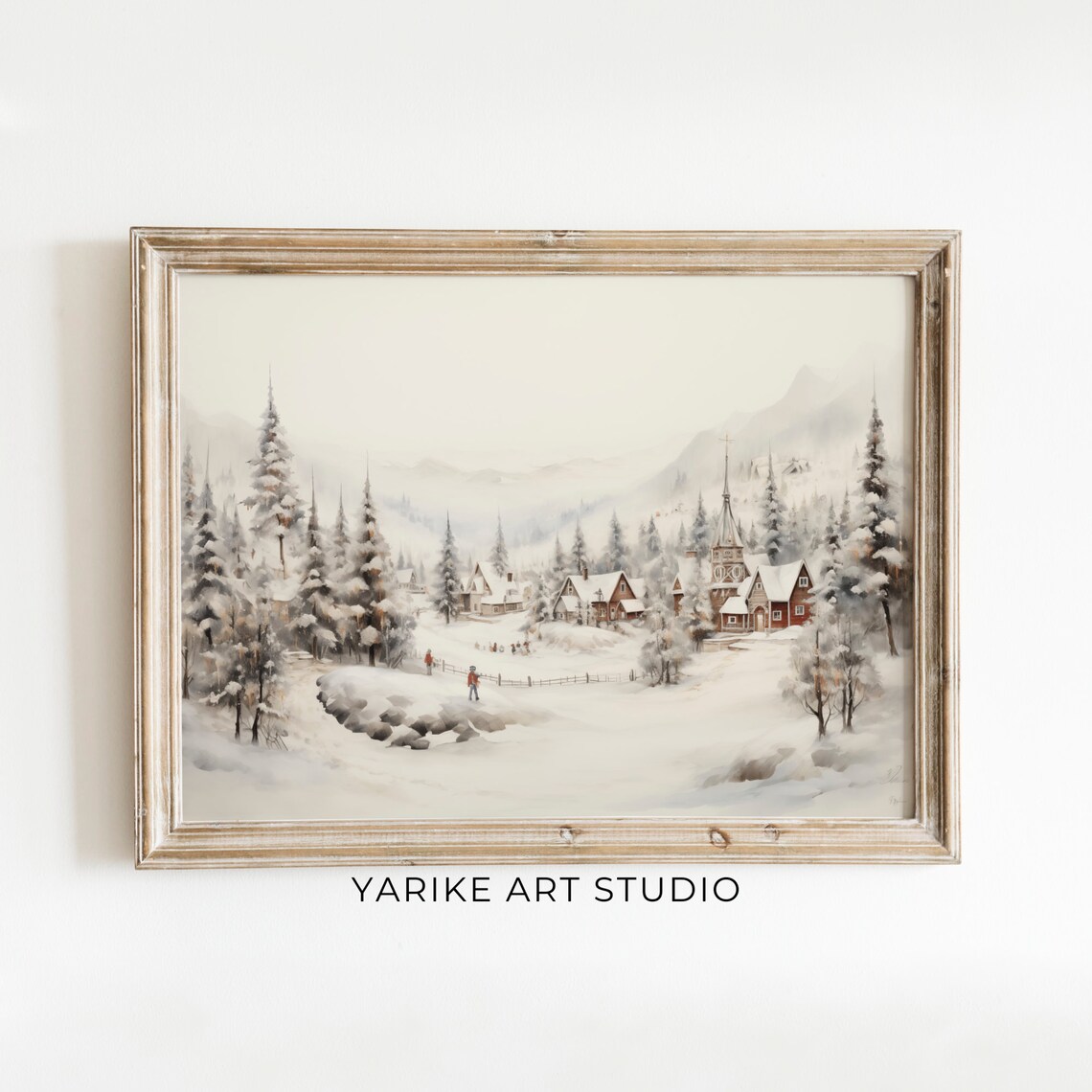 Snowy Mountain Village Church Winter Valley Landscape Painting Poster