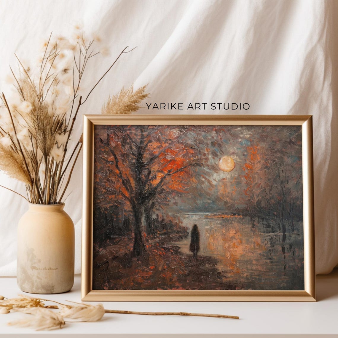 Moody Night Lake Moonlight Reflection Lone Figure Autumn Poster - Image 5