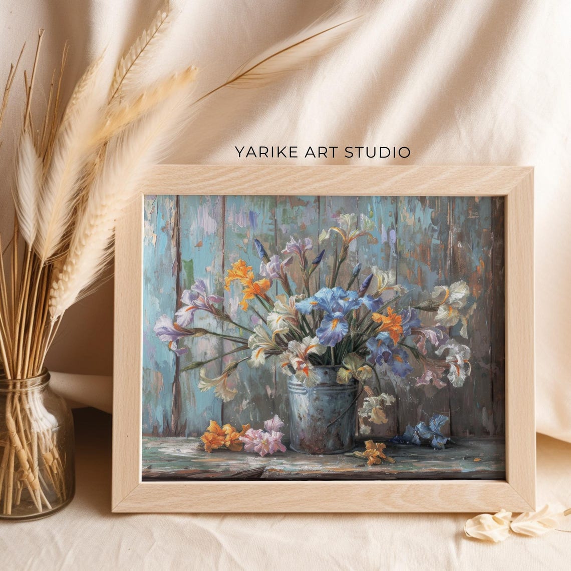 Blue Iris Bouquet Tin Pail Rustic Floral Still Life Painting Poster - Image 6