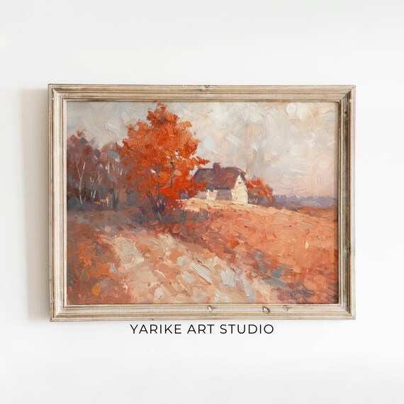 Vintage Cottage On Autumn Hill With Red Tree Warm Country Poster