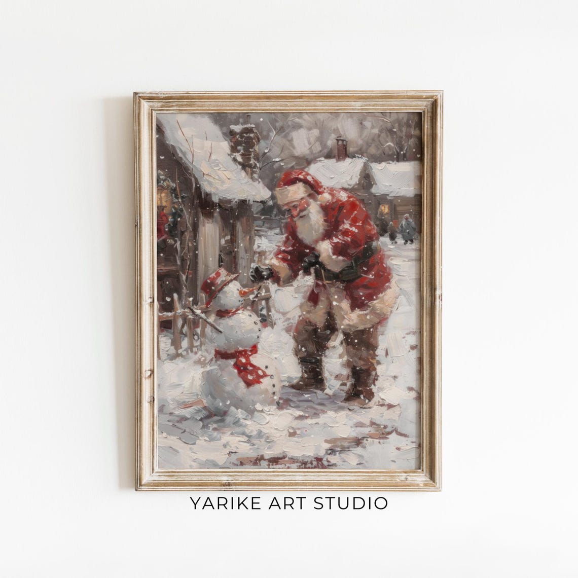 Vintage Santa Claus Building A Snowman Outside Cottage Poster