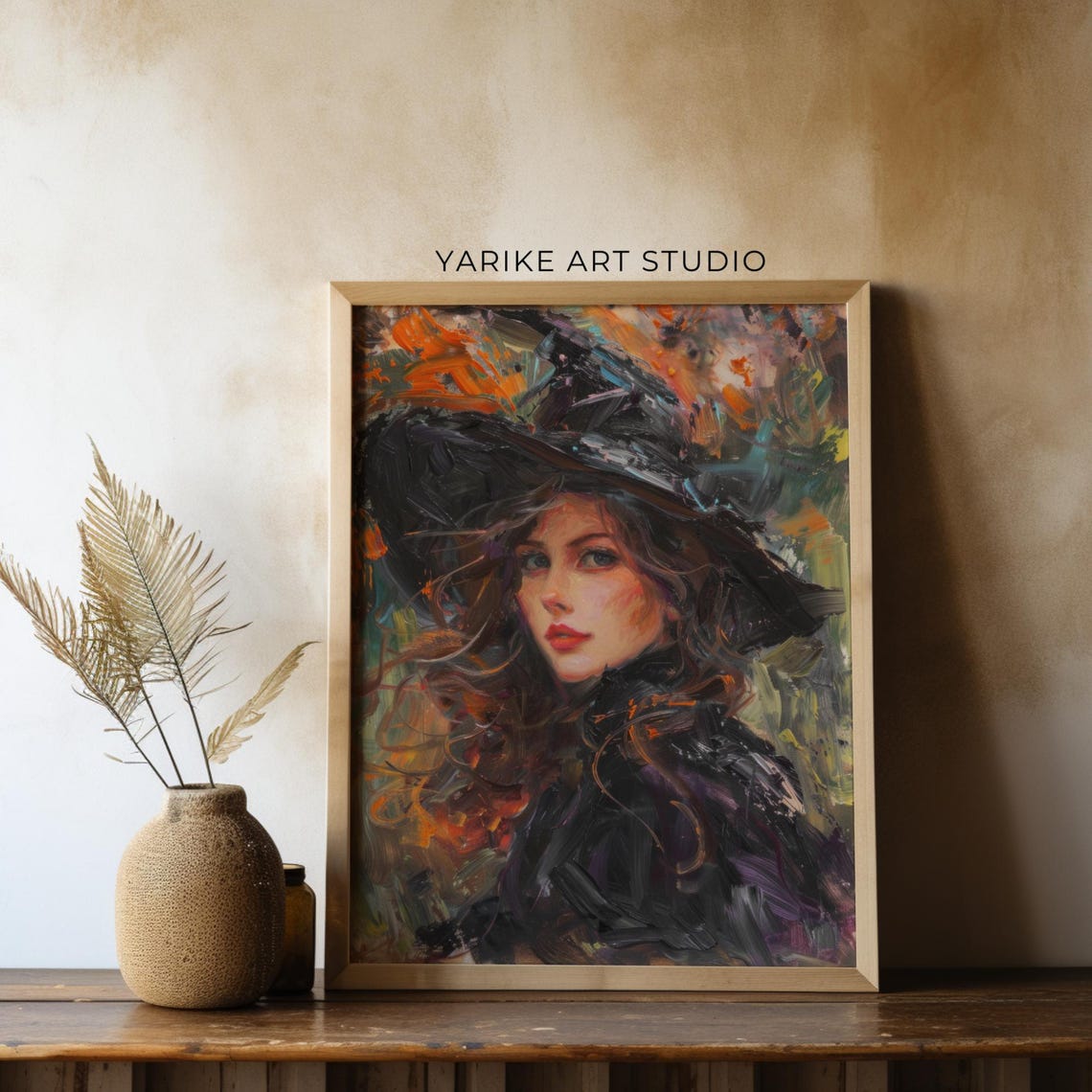 Beautiful Witch Portrait Black Hat Painterly Halloween Art Poster - Image 3