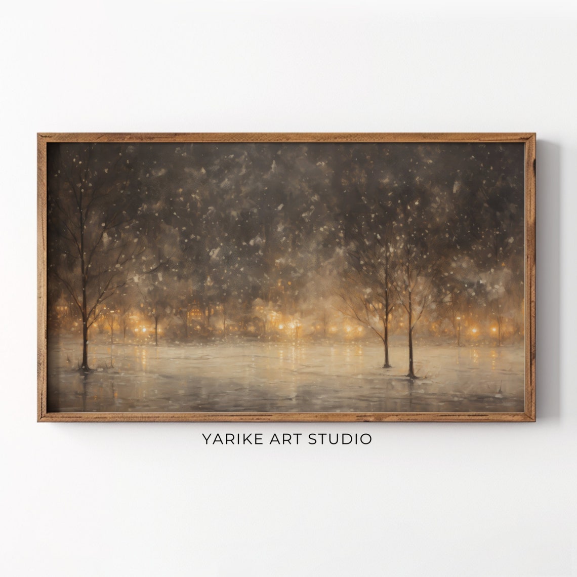 Snowfall Over Frozen Lake Winter Night Glowing Lamps Landscape Poster