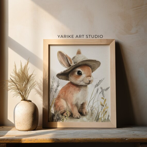 Cute Bunny Wearing Straw Hat Watercolor Rabbit Nursery Poster
