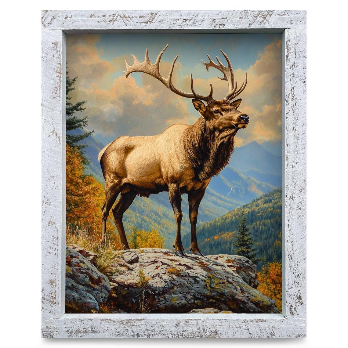 Majestic Bull Elk on Mountain Rock Fall Landscape Art Poster