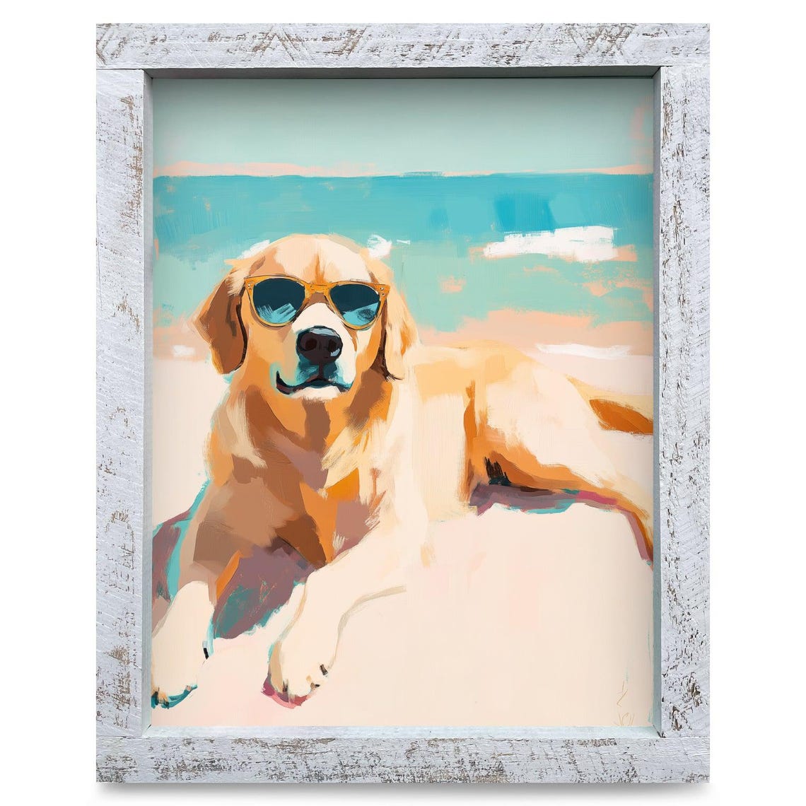 Golden Retriever Lounging on the Beach with Sunglasses Poster
