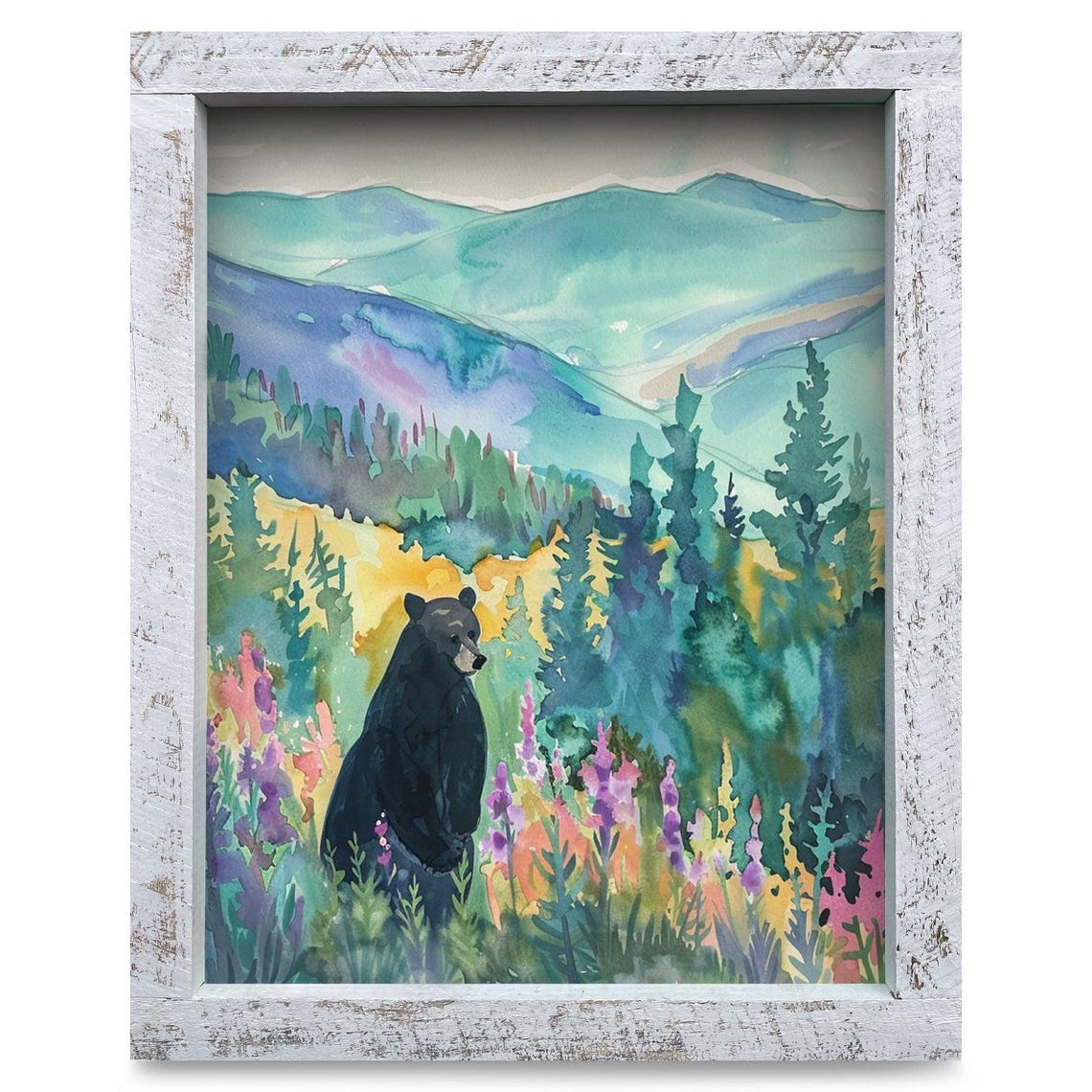 Black Bear in Wildflower Meadow Watercolor Mountain Art Poster