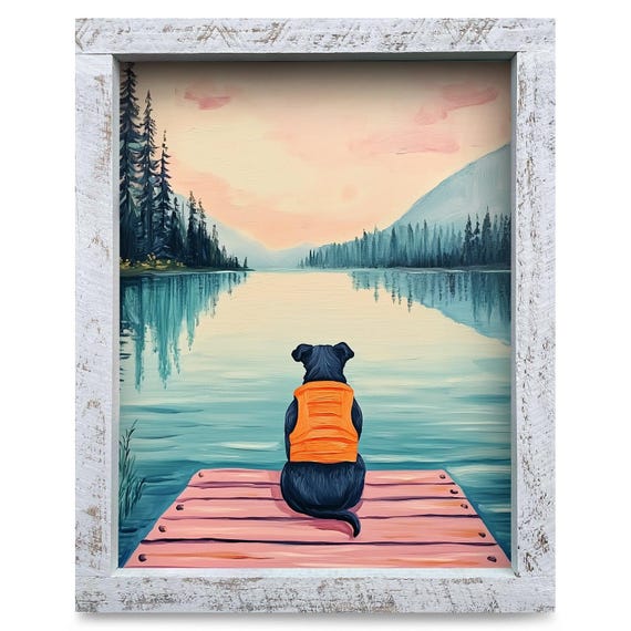 Black Lab Lake Daydreams Real Wood Framed Wall Art Print