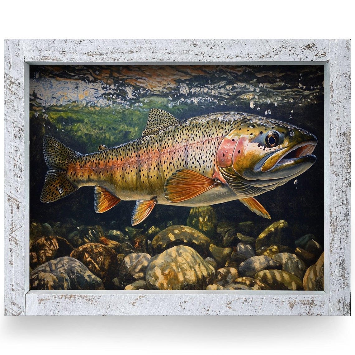 Big Guy Rainbow Trout Real Wood Framed Wall Art Print