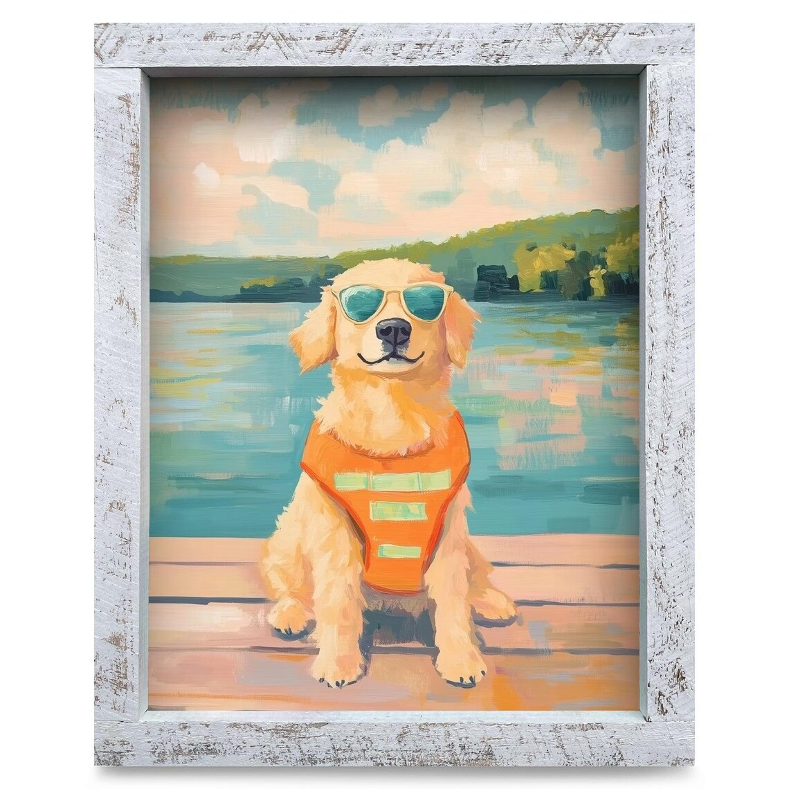 Golden Retriever Puppy in Life Vest on a Cool Lake Dock Poster