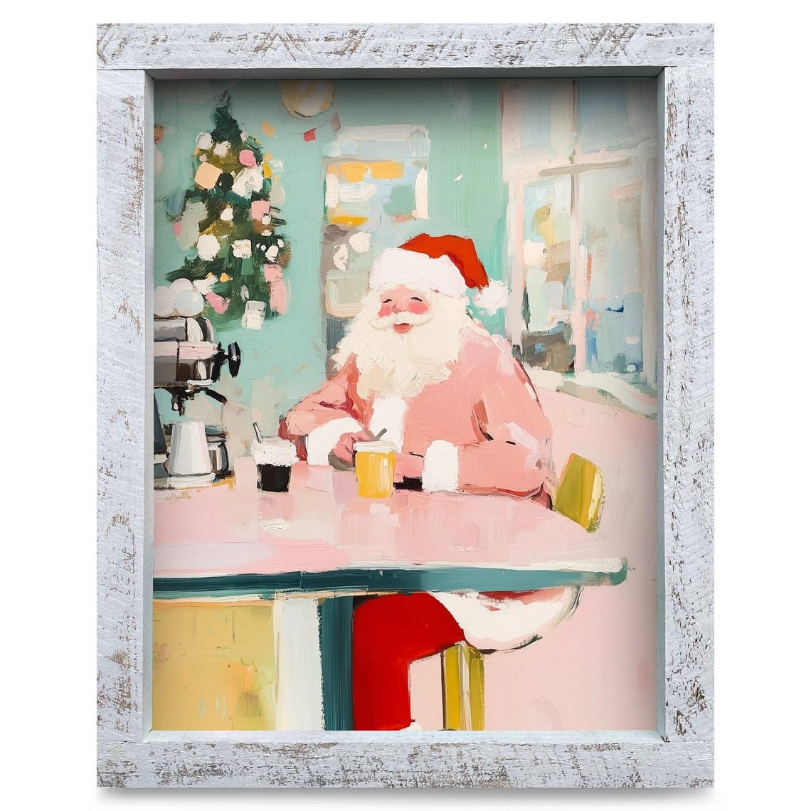 Santa Enjoying Coffee in Christmas Cafe Vintage Style Poster